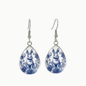 Blue & White Teardrop Easter Bunny Rabbit Dangle Earrings Silver Tone